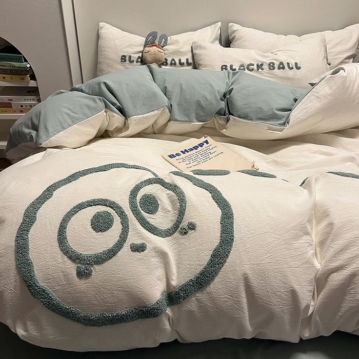 91家纺网 家纺一手货源 找家纺 眠帛家居 2024新款水洗棉毛巾绣四件套-煤球系列 繁星蓝