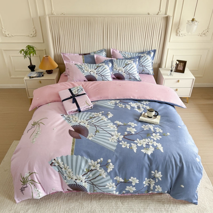 91家纺网 家纺一手货源 找家纺 优尚家纺 2025新款亲肤磨毛新国风大版系列四件套 柔逸扇花