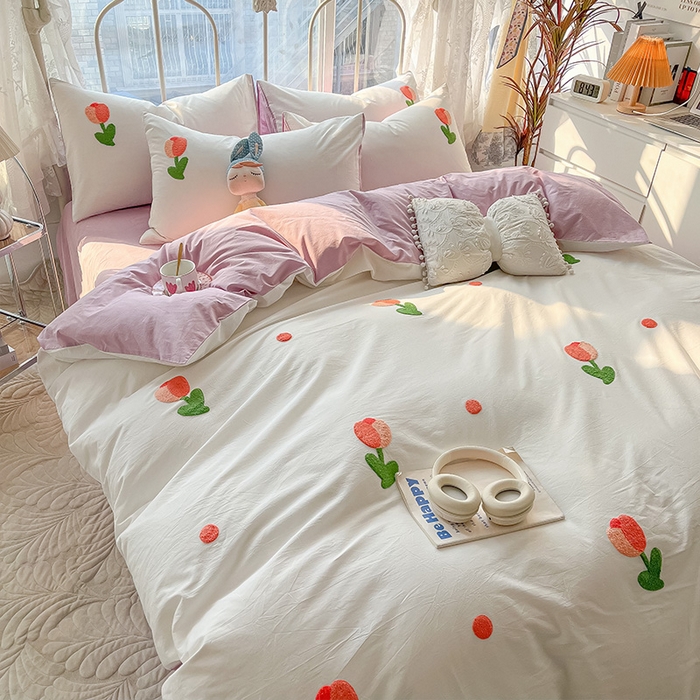 91家纺网 家纺一手货源 找家纺 眠帛家居 2024新款水洗棉奶油小清新毛巾绣四件套早春系列 郁金香奶油紫