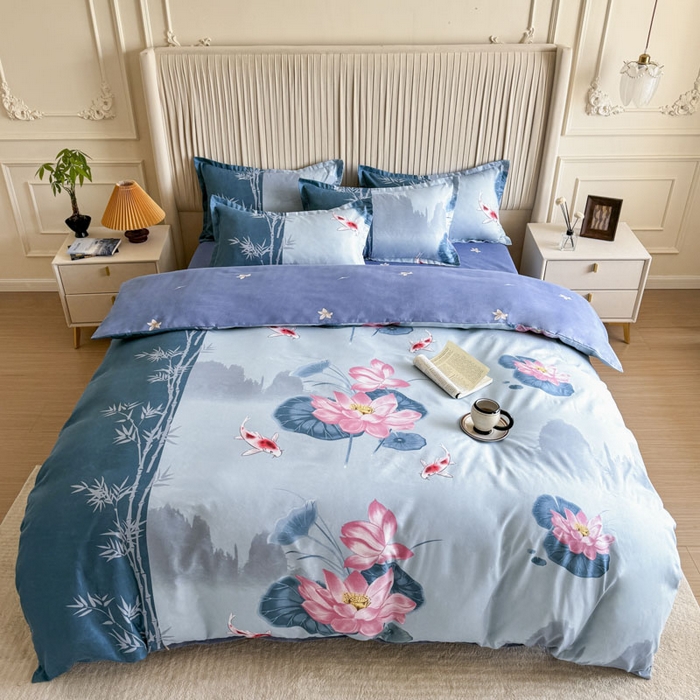 91家纺网 家纺一手货源 找家纺 优尚家纺 2025新款亲肤磨毛新国风大版系列四件套 清幽雅荷