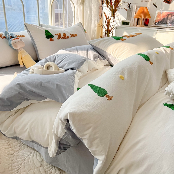 91家纺网 家纺一手货源 找家纺 眠帛家居 2024新款水洗棉奶油小清新毛巾绣四件套早春系列 圣诞树蓝灰