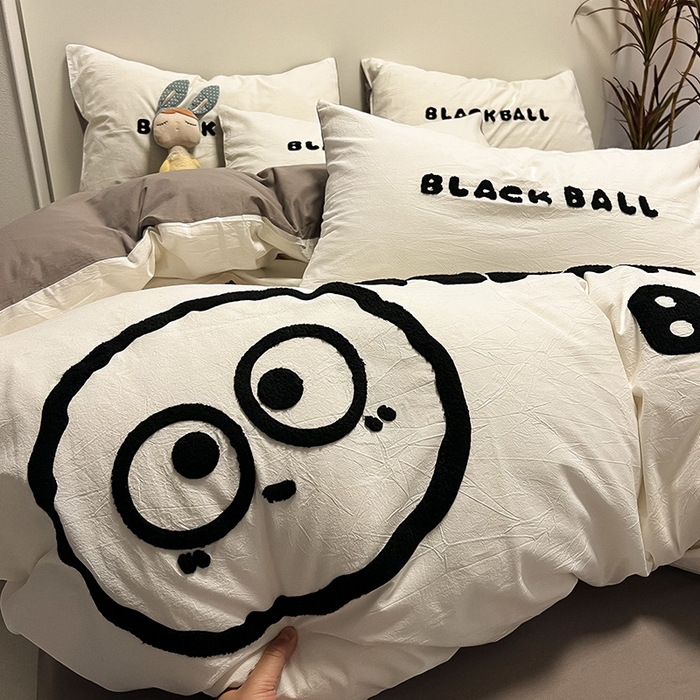 91家纺网 家纺一手货源 找家纺 眠帛家居 2024新款水洗棉毛巾绣四件套-煤球系列 浅灰