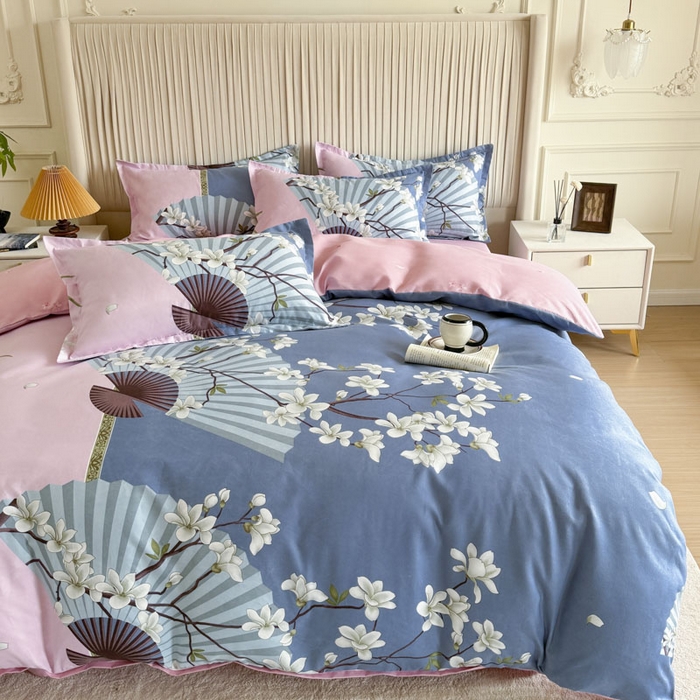 91家纺网 家纺一手货源 找家纺 优尚家纺 2025新款亲肤磨毛新国风大版系列四件套 柔逸扇花