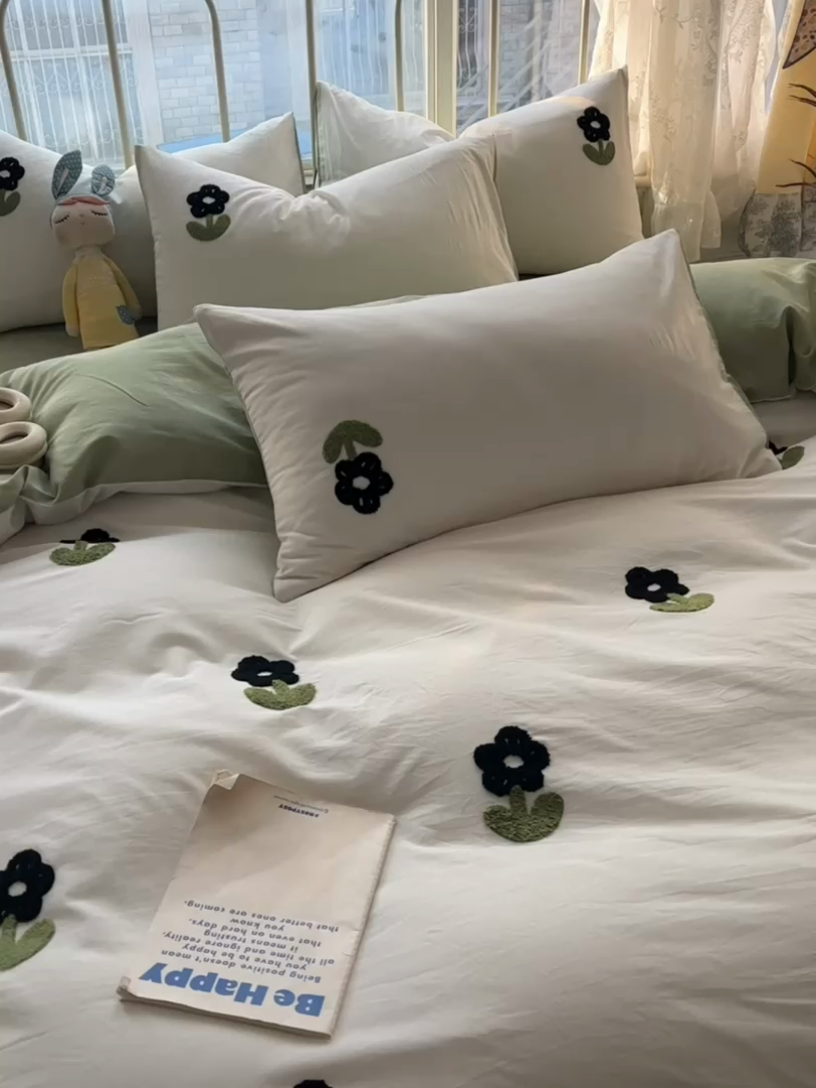 91家纺网 家纺一手货源 找家纺 眠帛家居 2024新款水洗棉奶油小清新毛巾绣四件套早春系列 朵朵奶油绿