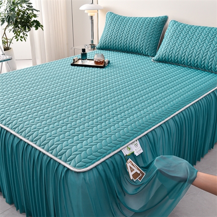 91家纺网 家纺一手货源 找家纺 布卢姆床垫 2025新款A类5mm纯色乳胶凉席床裙梦田系列 梦田-孔雀蓝