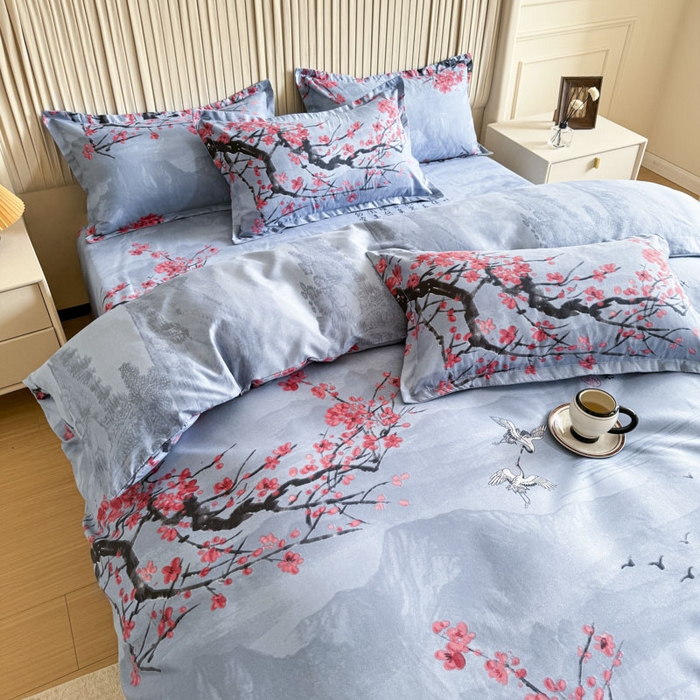 91家纺网 家纺一手货源 找家纺 优尚家纺 2025新款亲肤磨毛新国风大版系列四件套 水墨梅亭