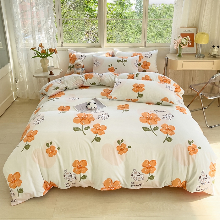 91家纺网 家纺一手货源 找家纺 乐萱家纺 2024新款水洗云朵棉被套小清新超柔印花单被套 爱心猫咪