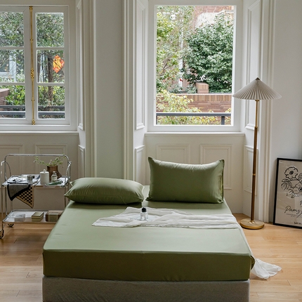 91家纺网 家纺一手货源 找家纺 沐晴家纺 2024新款60兰精天丝纯色双拼单床笠 欧芹绿