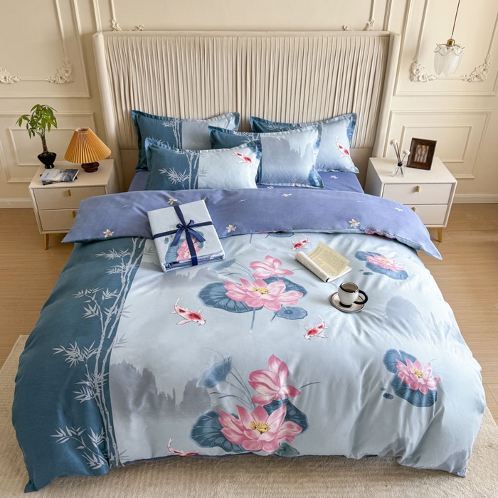 91家纺网 家纺一手货源 找家纺 优尚家纺 2025新款亲肤磨毛新国风大版系列四件套 清幽雅荷