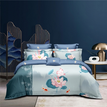 优尚家纺 2025新款亲肤磨毛新国风大版系列四件套 清幽雅荷