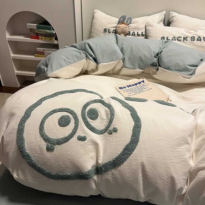 91家纺网 家纺一手货源 找家纺 眠帛家居 2024新款水洗棉毛巾绣四件套-煤球系列 繁星蓝