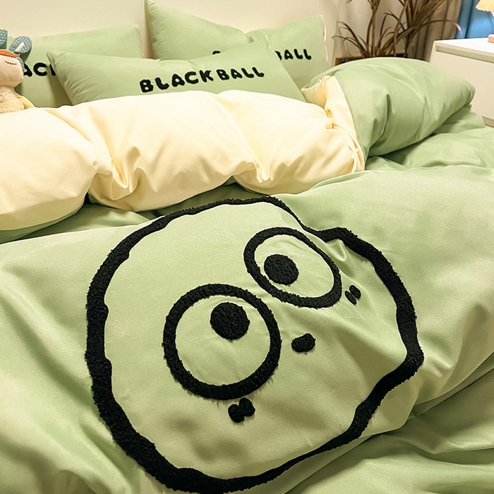 91家纺网 家纺一手货源 找家纺 眠帛家居 2024新款水洗棉毛巾绣四件套-煤球系列 果绿-奶黄