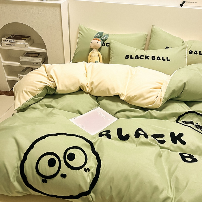 91家纺网 家纺一手货源 找家纺 眠帛家居 2024新款水洗棉毛巾绣四件套-煤球系列 果绿-奶黄