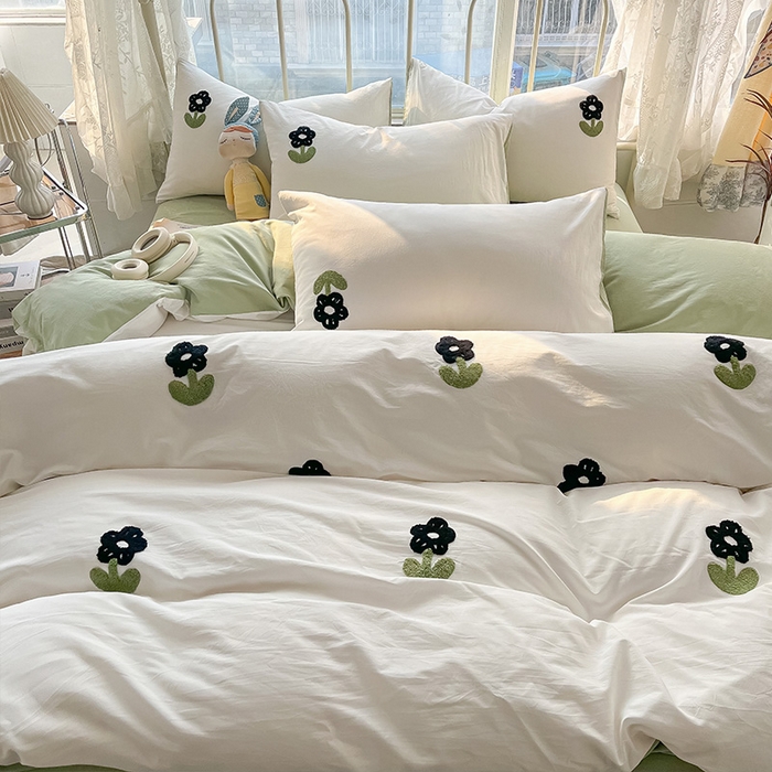 91家纺网 家纺一手货源 找家纺 眠帛家居 2024新款水洗棉奶油小清新毛巾绣四件套早春系列 朵朵奶油绿