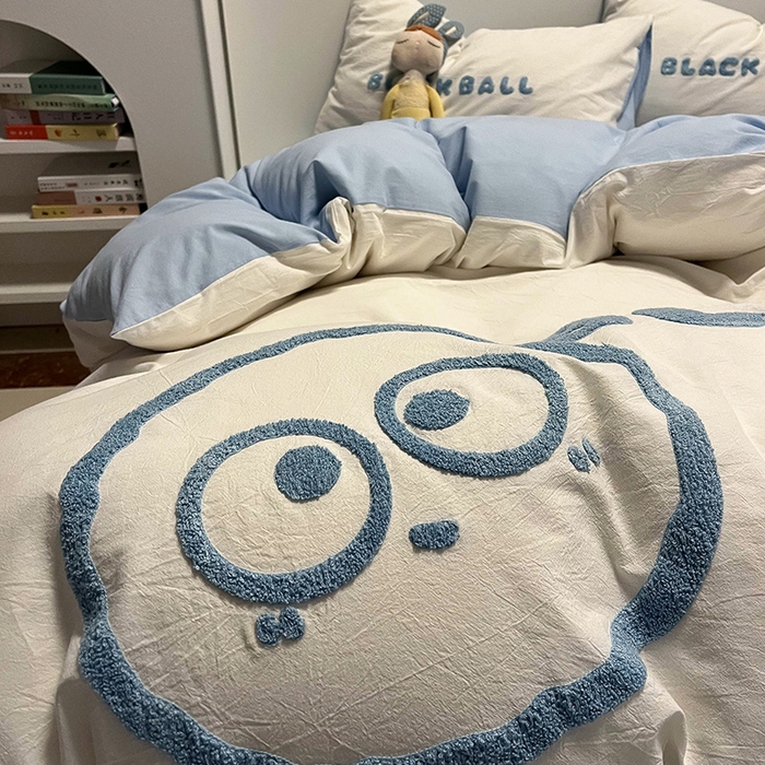 91家纺网 家纺一手货源 找家纺 眠帛家居 2024新款水洗棉毛巾绣四件套-煤球系列 天空蓝