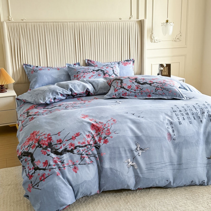 91家纺网 家纺一手货源 找家纺 优尚家纺 2025新款亲肤磨毛新国风大版系列四件套 水墨梅亭