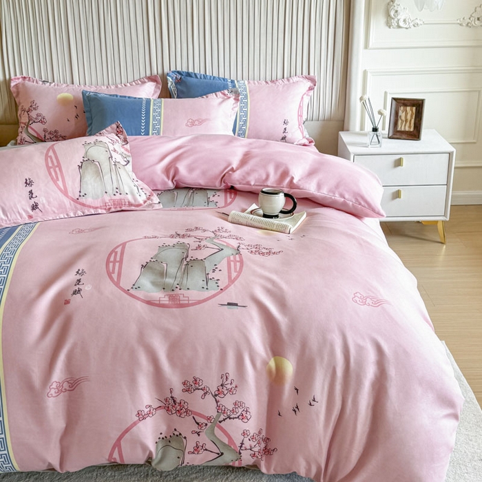 91家纺网 家纺一手货源 找家纺 优尚家纺 2025新款亲肤磨毛新国风大版系列四件套 静黛梅芳