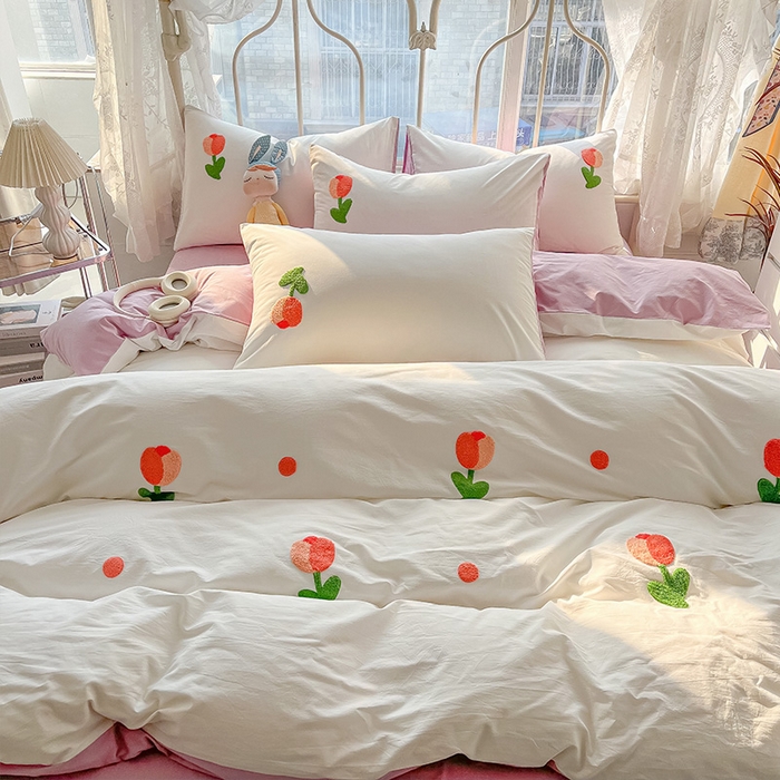 91家纺网 家纺一手货源 找家纺 眠帛家居 2024新款水洗棉奶油小清新毛巾绣四件套早春系列 郁金香奶油紫