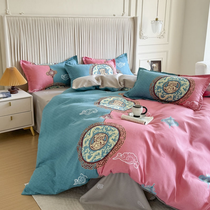 91家纺网 家纺一手货源 找家纺 优尚家纺 2025新款亲肤磨毛新国风大版系列四件套 福绿缘红