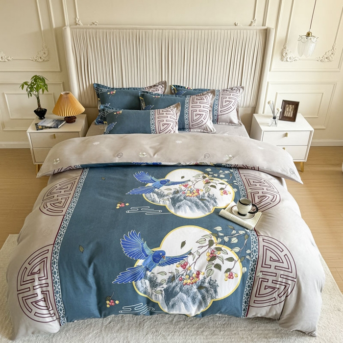 91家纺网 家纺一手货源 找家纺 优尚家纺 2025新款亲肤磨毛新国风大版系列四件套 凌云之喜