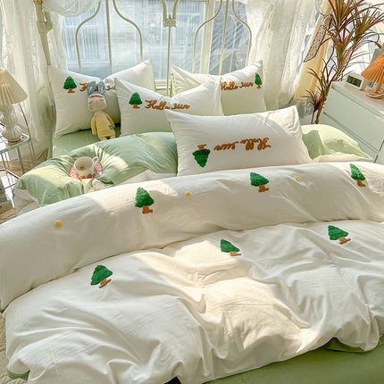 91家纺网 家纺一手货源 找家纺 眠帛家居 2024新款水洗棉奶油小清新毛巾绣四件套早春系列 圣诞树奶油绿