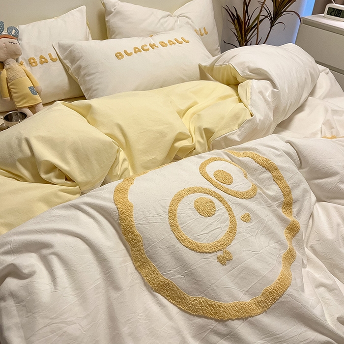 91家纺网 家纺一手货源 找家纺 眠帛家居 2024新款水洗棉毛巾绣四件套-煤球系列 奶黄