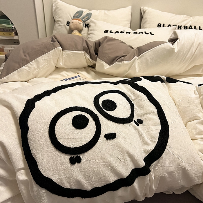 91家纺网 家纺一手货源 找家纺 眠帛家居 2024新款水洗棉毛巾绣四件套-煤球系列 浅灰