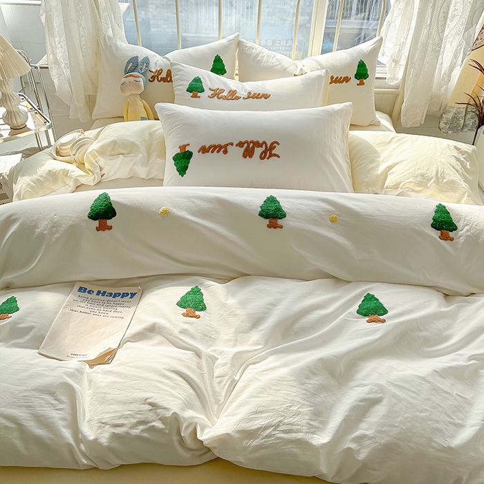 91家纺网 家纺一手货源 找家纺 眠帛家居 2024新款水洗棉奶油小清新毛巾绣四件套早春系列 圣诞树奶油黄