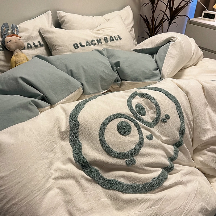 91家纺网 家纺一手货源 找家纺 眠帛家居 2024新款水洗棉毛巾绣四件套-煤球系列 繁星蓝