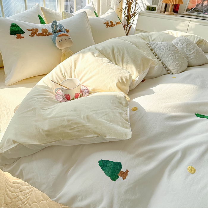 91家纺网 家纺一手货源 找家纺 眠帛家居 2024新款水洗棉奶油小清新毛巾绣四件套早春系列 圣诞树奶油黄