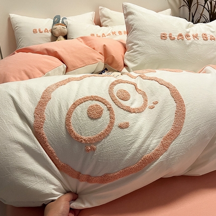 眠帛家居 2024新款水洗棉毛巾绣四件套-煤球系列 奶油粉