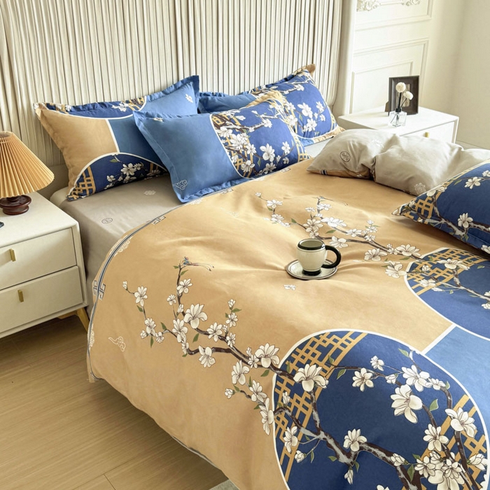 91家纺网 家纺一手货源 找家纺 优尚家纺 2025新款亲肤磨毛新国风大版系列四件套 碧金海棠