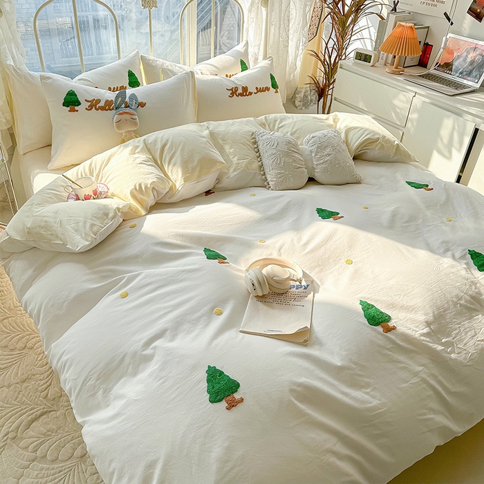 91家纺网 家纺一手货源 找家纺 眠帛家居 2024新款水洗棉奶油小清新毛巾绣四件套早春系列 圣诞树奶油黄