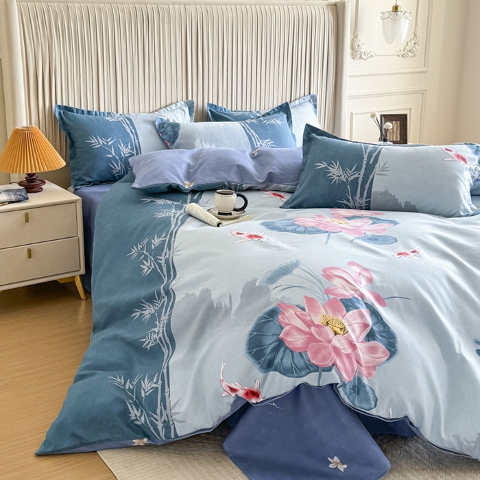 91家纺网 家纺一手货源 找家纺 优尚家纺 2025新款亲肤磨毛新国风大版系列四件套 清幽雅荷