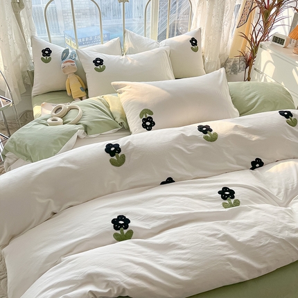 眠帛家居 2024新款水洗棉奶油小清新毛巾绣四件套早春系列 朵朵奶油绿