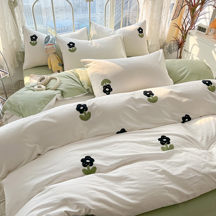 91家纺网 家纺一手货源 找家纺 眠帛家居 2024新款水洗棉奶油小清新毛巾绣四件套早春系列 朵朵奶油绿