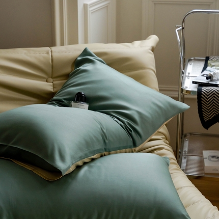 沐晴家纺 2024新款60兰精天丝纯色双拼单枕套 天青色-香槟金