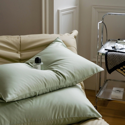 91家纺网 家纺一手货源 找家纺 沐晴家纺 2024新款60兰精天丝纯色双拼单枕套 嫩芽绿