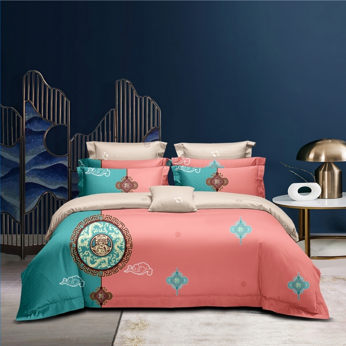 91家纺网 家纺一手货源 找家纺 优尚家纺 2025新款亲肤磨毛新国风大版系列四件套 福绿缘红