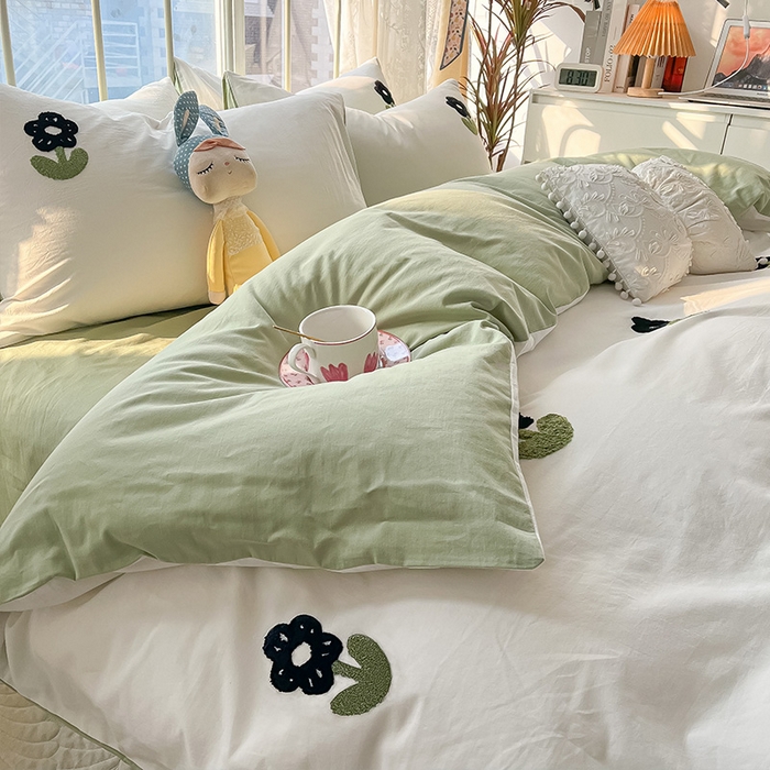 91家纺网 家纺一手货源 找家纺 眠帛家居 2024新款水洗棉奶油小清新毛巾绣四件套早春系列 朵朵奶油绿