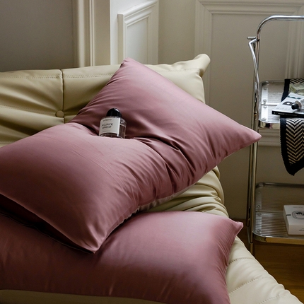 沐晴家纺 2024新款60兰精天丝纯色双拼单枕套 野樱莓-芋泥灰