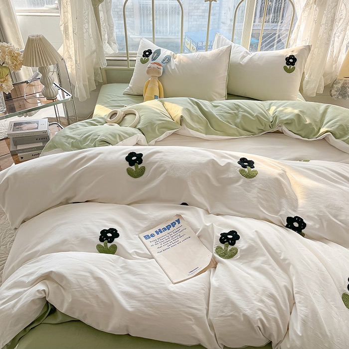 91家纺网 家纺一手货源 找家纺 眠帛家居 2024新款水洗棉奶油小清新毛巾绣四件套早春系列 朵朵奶油绿