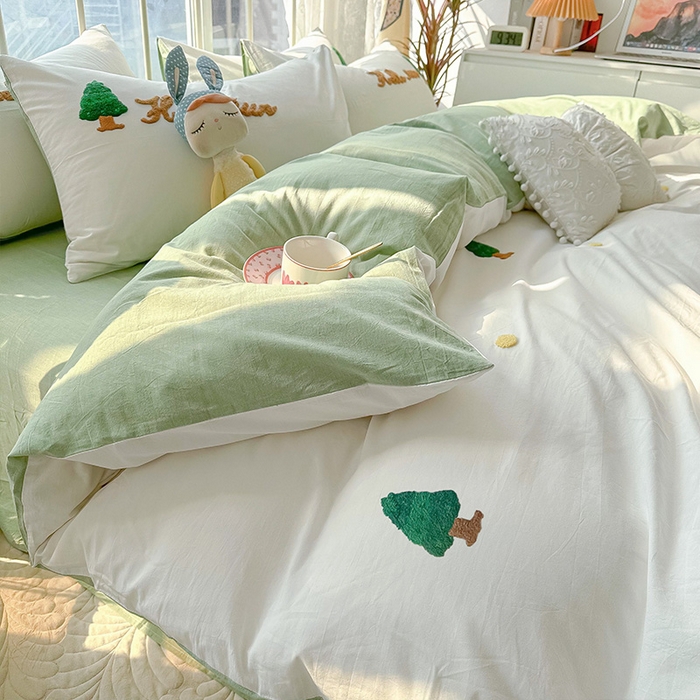 91家纺网 家纺一手货源 找家纺 （总）眠帛家居 2024新款水洗棉奶油小清新毛巾绣四件套早春系列