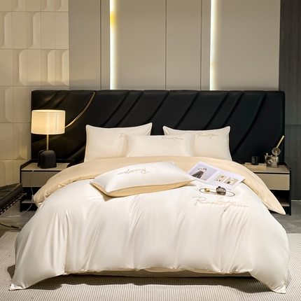 91家纺网 家纺一手货源 找家纺 博纳家纺 2024新款水洗真丝刺绣四件套系列--艾米系列 象牙白-奶茶