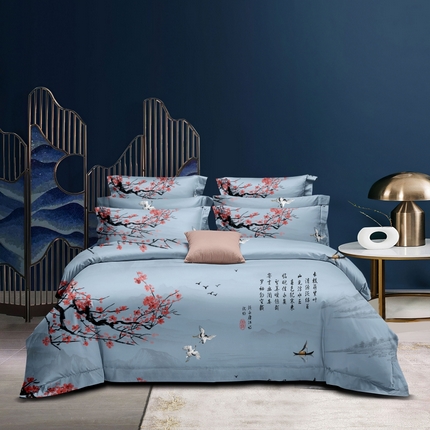 优尚家纺 2025新款亲肤磨毛新国风大版系列四件套 水墨梅亭
