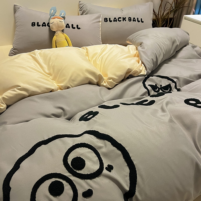 91家纺网 家纺一手货源 找家纺 眠帛家居 2024新款水洗棉毛巾绣四件套-煤球系列 浅灰-奶黄