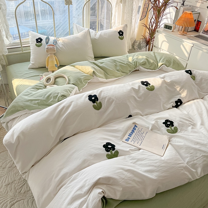 91家纺网 家纺一手货源 找家纺 眠帛家居 2024新款水洗棉奶油小清新毛巾绣四件套早春系列 朵朵奶油绿