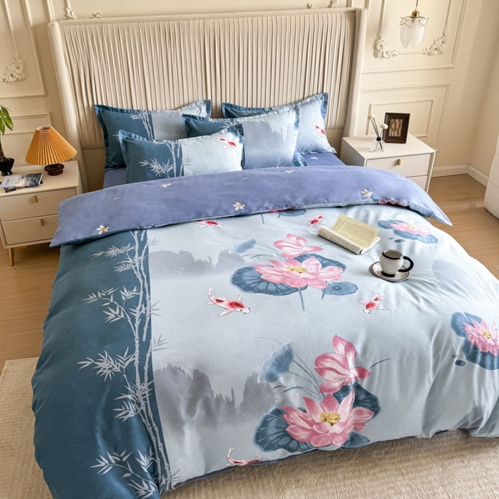 91家纺网 家纺一手货源 找家纺 优尚家纺 2025新款亲肤磨毛新国风大版系列四件套 清幽雅荷