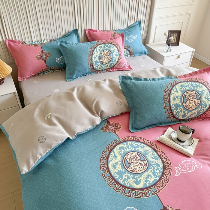 91家纺网 家纺一手货源 找家纺 优尚家纺 2025新款亲肤磨毛新国风大版系列四件套 福绿缘红