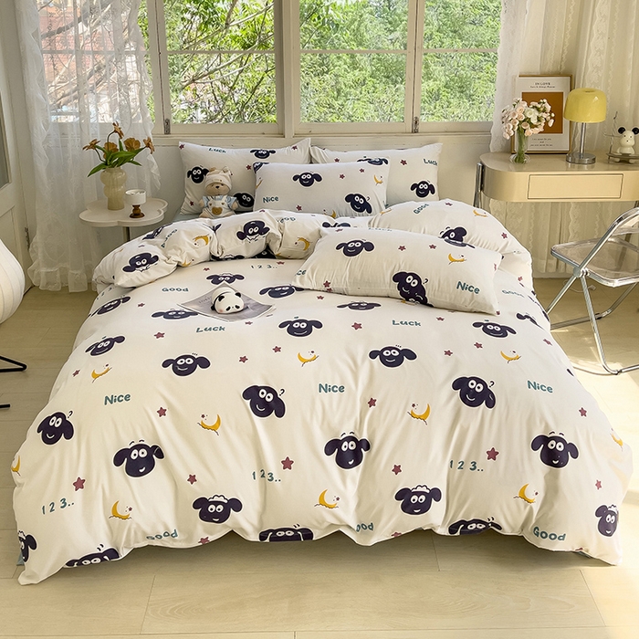 91家纺网 家纺一手货源 找家纺 乐萱家纺 2024新款水洗云朵棉被套小清新超柔印花单被套 羊咩咩